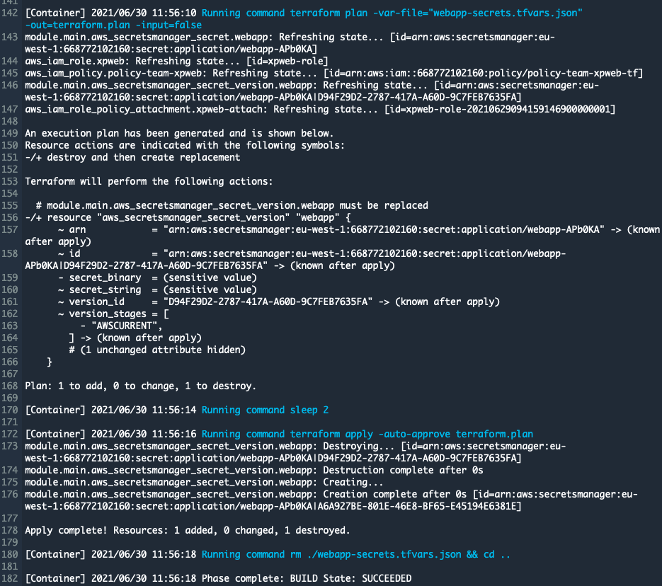 CodeBuild container logs screenshot